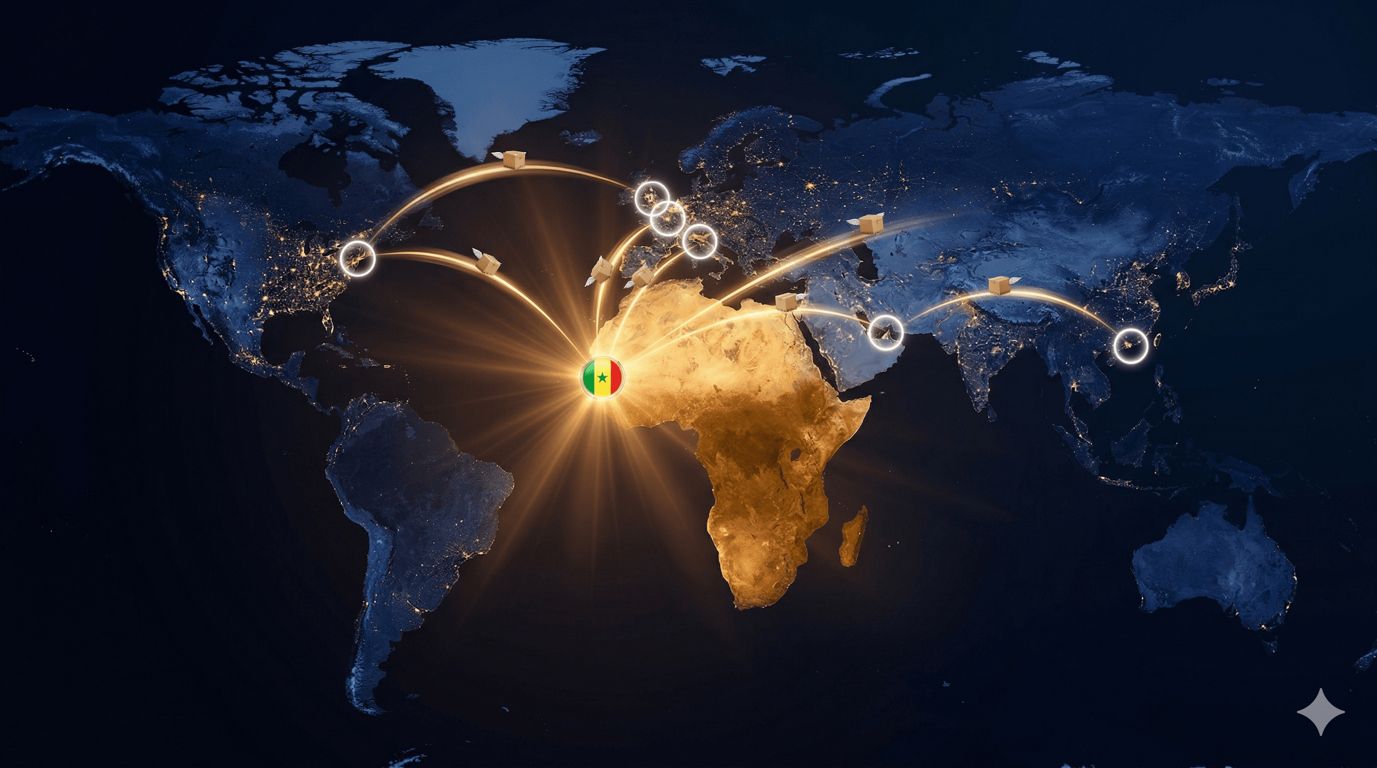Illustration de la mission de Boutiques du Monde : globe terrestre connectant le Sénégal, la France et le monde.