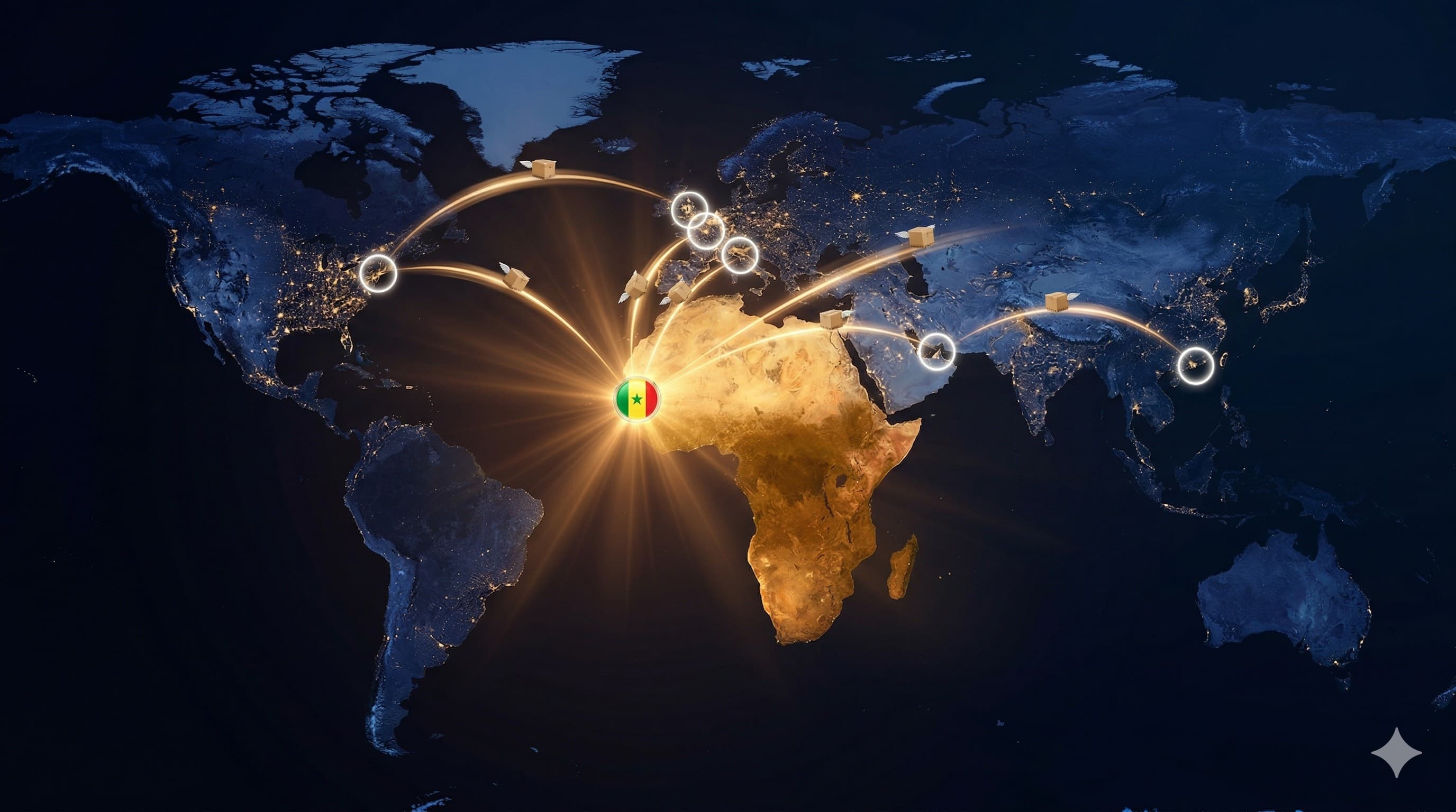 Illustration de la mission de Boutiques du Monde : globe terrestre connectant le Sénégal, la France et le monde.